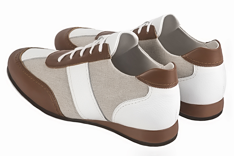 Caramel brown, natural beige and pure white two-tone dress sneakers for men. Round toe. Flat wedge soles. Rear view - Florence KOOIJMAN